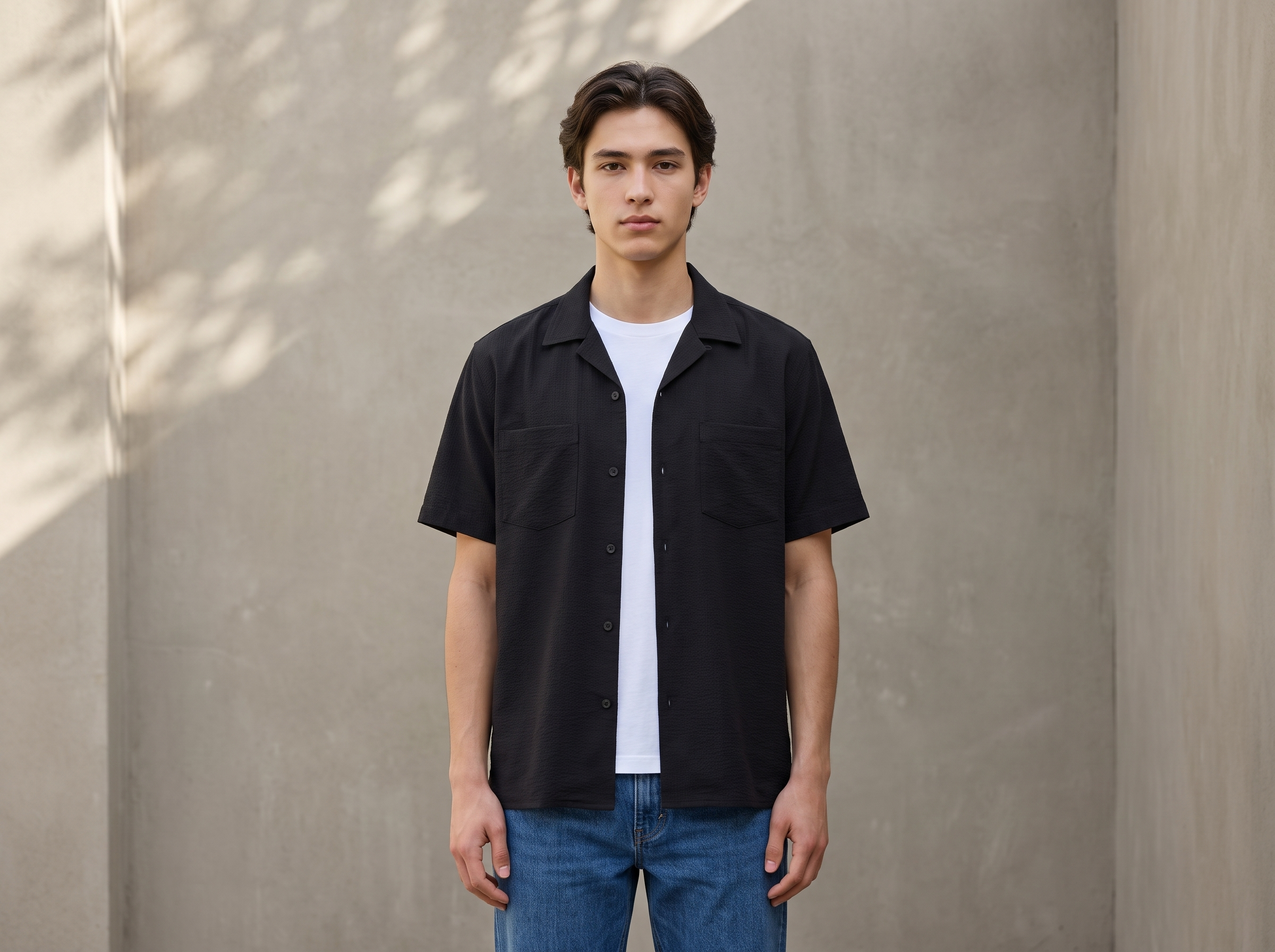 Camisa de toalla negra de 98 Coast Avenue, manga corta
